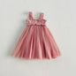 Summer Baby Kids Girls Sleeveless Solid Color Mesh Patchwork Design Off Shoulder Strap Dress-5
