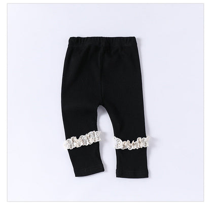 Children’s Spring Lace Trim Attached Breathable Pants for Girls – Home Trousers