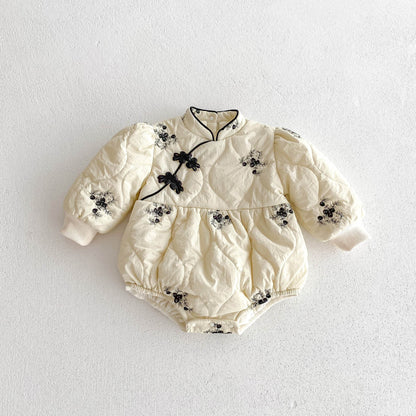 Infant Baby Girl Jacquard Embroidery Thick Warm Long Sleeve One Piece In Winter