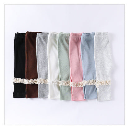Children’s Spring Lace Trim Attached Breathable Pants for Girls – Home Trousers